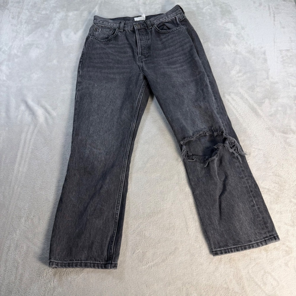Topshop Editor Straight Leg Jeans Women 27 Black Cotton Ripped Distressed Knee